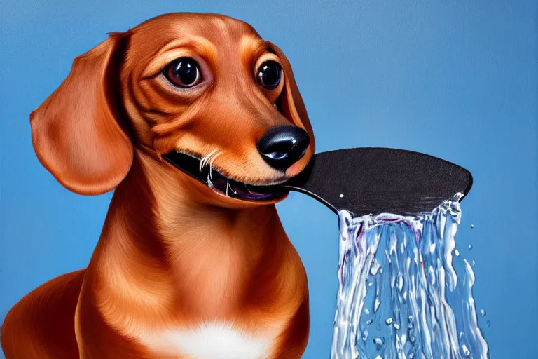 Prompt: cute dachshund holding a paddle with his mouth, detailed painting, weiner dog, oil on canvas, adorable, reflective water, wide angle shot, very detailed