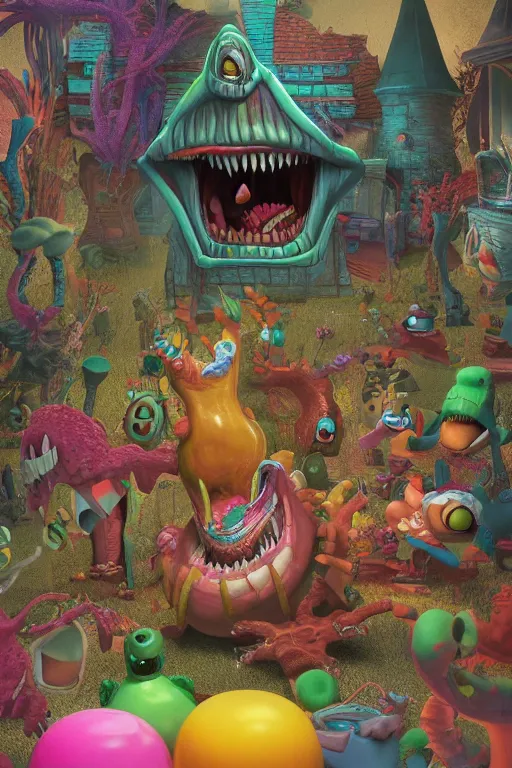 Prompt: a highly detailed 3 d render of an aaahh!!! real monsters house party : 1 | centered, colorful, matte background : 0. 9 | by james gurney :. 8 | unreal engine, deviantart, artstation, octane, finalrender, zbrush, keyshot, concept art, hd, 8 k resolution : 0. 8