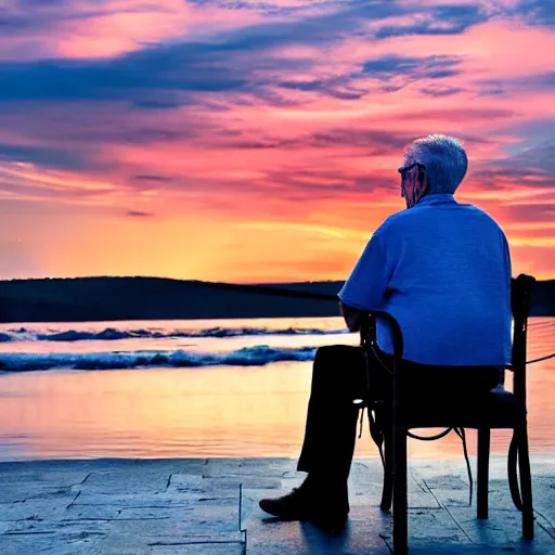 Image similar to A very old man, sitting in a chair in front of a window, looking out at a beautiful sunset award winning photograph