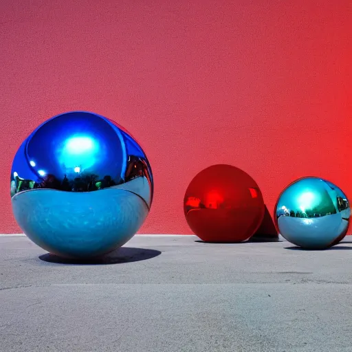 Prompt: chrome spheres on a red cube, blue hour