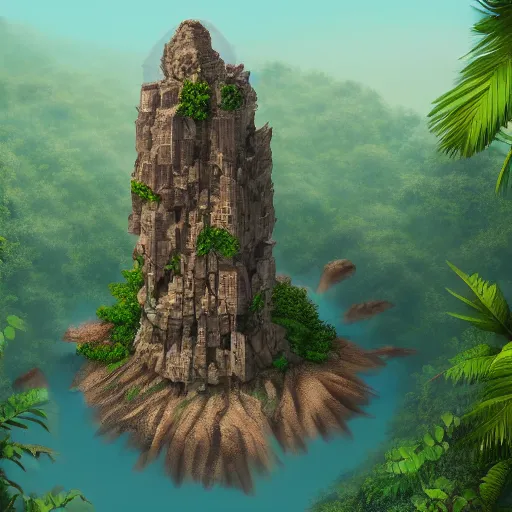 Image similar to Flying island with stone tower and a lot of jungle trees , 8k, detailed, concept art, trending on artstation