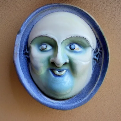 Image similar to hummel figurine of the moon, man in the moon, ceramic, smiling moon, photograph, fine art, glazed ceramic, kitsch,