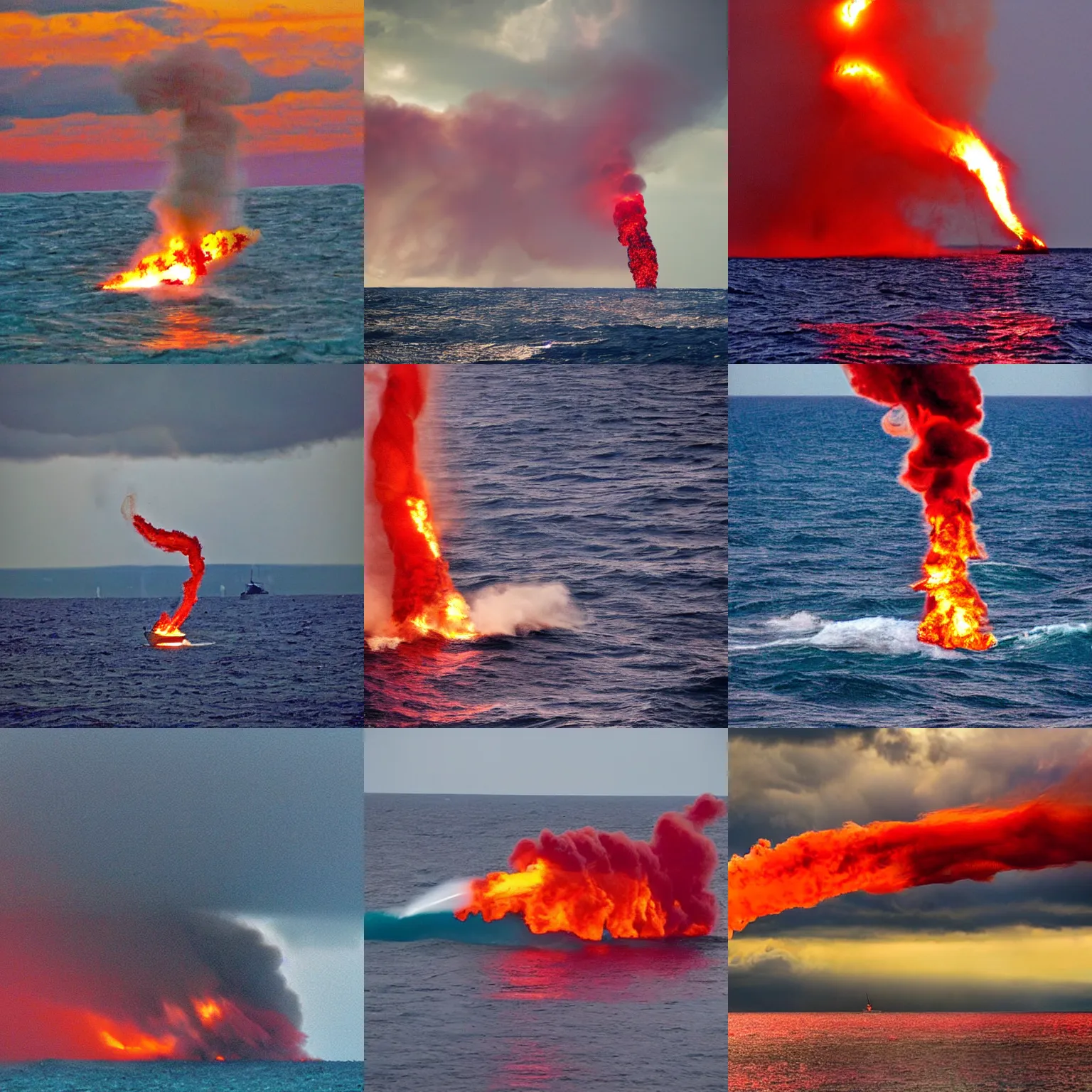 Prompt: Fire tornado in the open ocean. The stormy sky smoothly turning into the sea. ninth shaft. Small sailboat. Soft colors. Crimson tones, Scarlet tones.