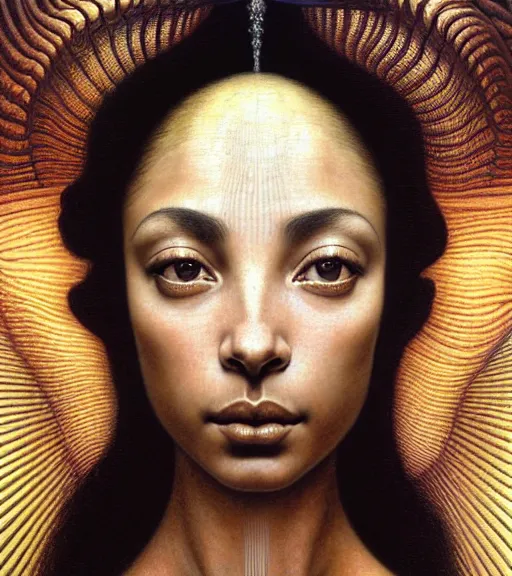 Image similar to detailed realistic beautiful young sade adu face portrait by jean delville, gustave dore and marco mazzoni, art nouveau, symbolist, visionary, baroque, intricate fractal, biomechanical. horizontal symmetry by zdzisław beksinski, iris van herpen, raymond swanland and alphonse mucha. highly detailed, hyper - real, beautiful