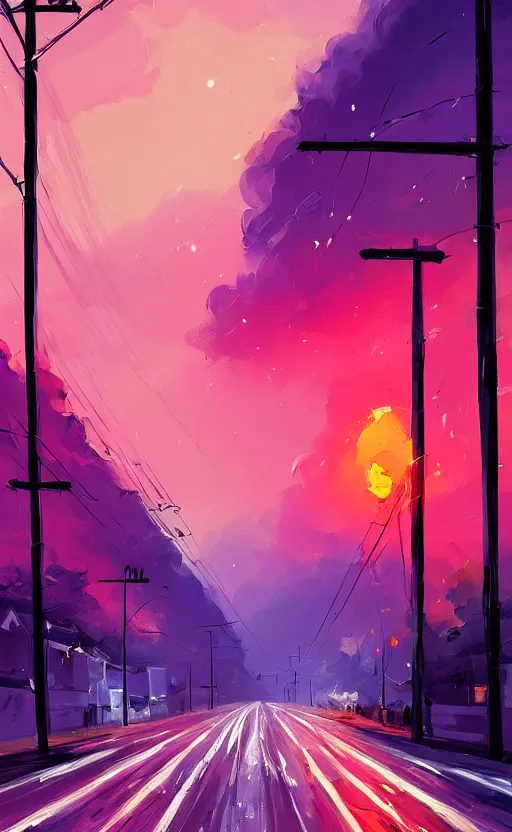 Image similar to a beautiful illustration of a street at sunset, art of alena aenami, featured on artstation, vertical orientation, paint brush strokes, expressionism, brushstroke - laden, purple hue, breathtaking clouds, traffic lights, wet concrete, beauttiful stars, cables, long exposure