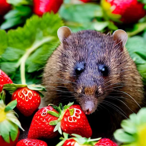 Prompt: photo of a blind marsupial mole eating strawberries-W 1024