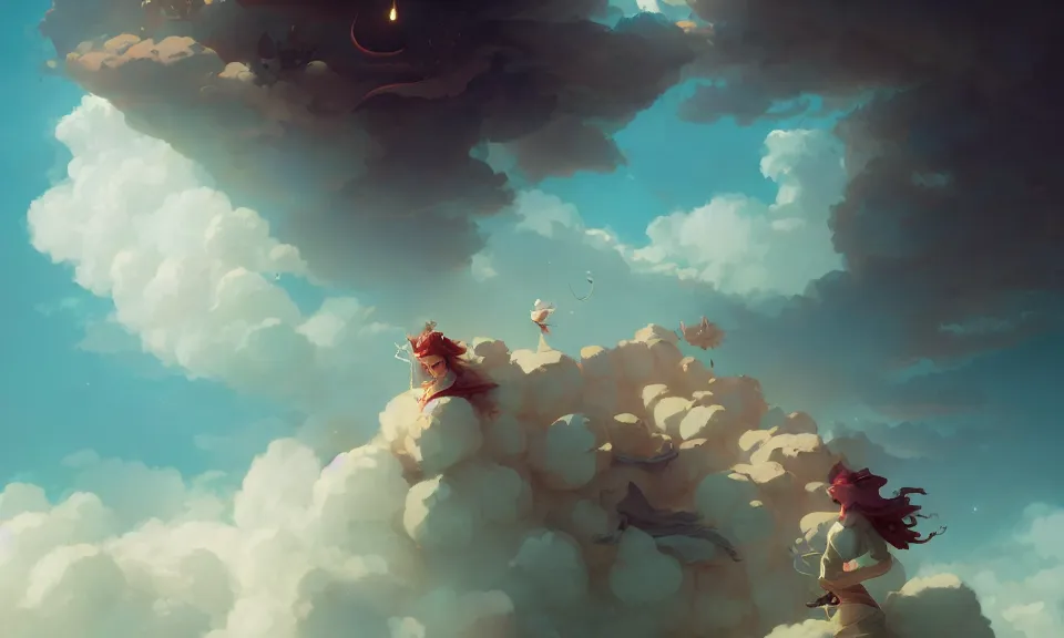 Image similar to happiness and friendship, floating high in the clouds, by peter mohrbacher, victo ngai, greg rutkowski, artgerm, volumetric lighting, intricate, environmental lighting, 4 k