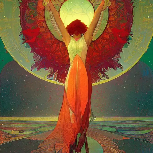 Prompt: the solarpunk phoenix, red bird, volumetric light, bokeh, painting by greg rutkowski by alphonse mucha