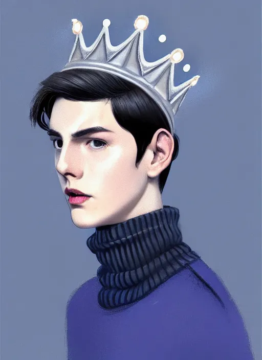 Image similar to portrait of teenage jughead jones wearing a light grey crown, crown, blue turtleneck, 1 9 5 0 s, closed eyes, photorealistic, black hair, glowing lighting, intricate, elegant, glowing lights, highly detailed, digital painting, artstation, concept art, smooth, sharp focus, illustration, art by wlop, mars ravelo and greg rutkowski