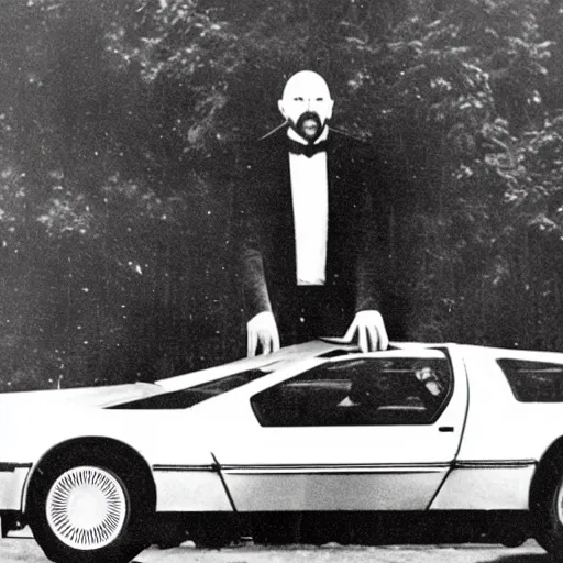 Image similar to anton lavey driving a delorean