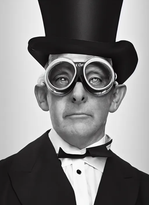 Image similar to closeup portrait of gary seven wearing a top hat and goggles, depth of field, zeiss lens, detailed, symmetrical, centered, fashion photoshoot, by Annie Leibovitz and Steve McCurry, David Lazar, Jimmy Nelsson, Breathtaking, 8k resolution, extremely detailed, beautiful, establishing shot, artistic, hyperrealistic, beautiful face, octane render