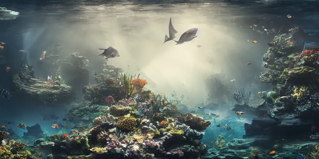 Prompt: beautifull aquarium battle royale, superwide angle, light through the mist, dramatic lighting, photorealistic, cinematic lighting, high detail, cinematic feel, high octane, 4K, Unreal Engine, digital render, intricate, ultra realistic, concept art