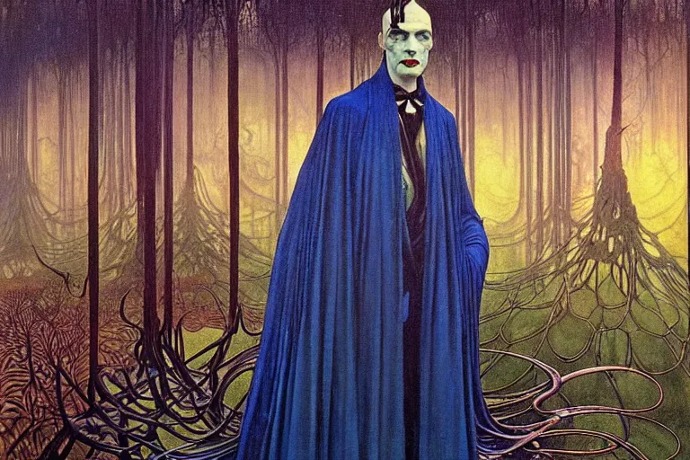 Image similar to realistic extremely detailed portrait painting of an elegantly creepy vampire man in a cape, futuristic sci-fi forest on background by Jean Delville, Amano, Yves Tanguy, Alphonse Mucha, Ernst Haeckel, Edward Robert Hughes, Roger Dean, rich moody colours, blue eyes