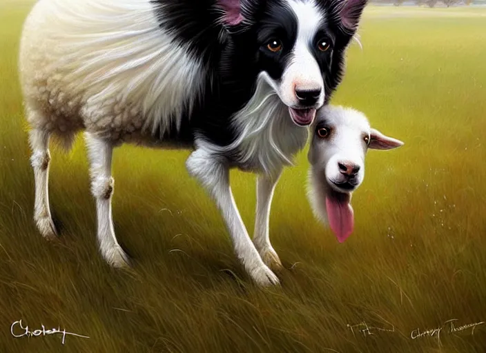 Image similar to close up painting of a border collie kissing a sheep in a pasture, beautiful, realistic proportions, highly detailed, scenic background, trending on artstation, art by charlie bowater and henry asencio and and ross tran