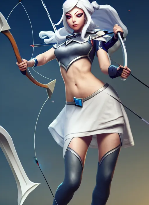 Image similar to ashe, from league of legends, shooting arrows with a silver bow, wearing nurse costume, white skirt, hyper detailed, digital art, trending in artstation, cinematic lighting, studio quality, smooth render, unreal engine 5 rendered, octane rendered, art style by klimt and nixeu and ian sprigger and wlop and krenz cushart