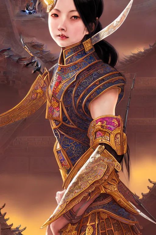 Image similar to portrait black hair young knights of Dynasty Warriors girl, rose golden color armor, in ruin chinese palace rooftop sunrise, ssci-fi and fantasy, intricate and very beautiful and elegant, highly detailed, digital painting, soft light, artstation, concept art, smooth and sharp focus, illustration, art by tian zi and WLOP and alphonse mucha