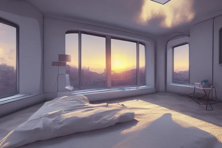 Image similar to a futuristic furnished bedroom with a large window at sunset, godrays, luxury furnish, white bed, complementary colors, warm lighting, path traced, highly detailed, high quality, concept art, 8k, calm, trending on Artstation