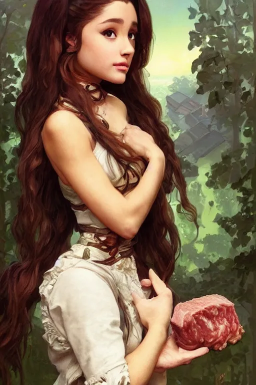 Prompt: beautiful cottagecore Ariana Grande holding a rotten chunk of meat. intricate, elegant. the background is zombies !. highly detailed, digital painting, artstation, concept art, smooth, sharp, focus, illustration. . art by artgerm and greg rutkowski and alphonse mucha