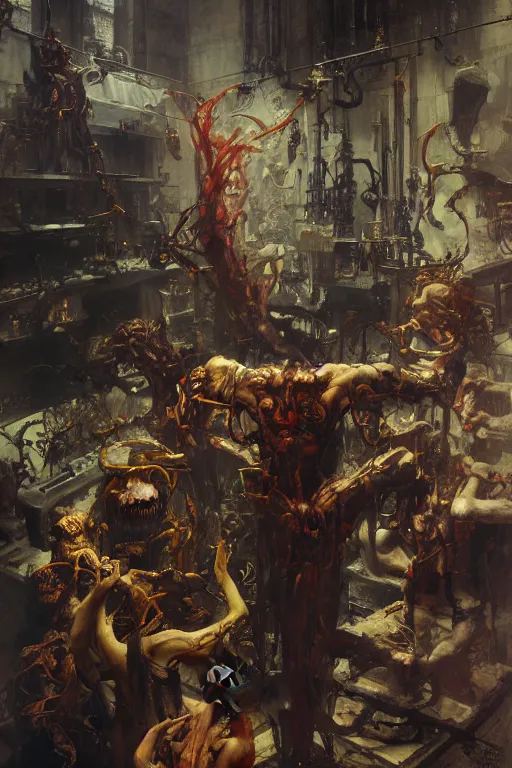 Prompt: scientists in a laboratory observe a demon from hell, painted by ruan jia, raymond swanland, lawrence alma tadema, zdzislaw beksinski, norman rockwell, jack kirby, tom lovell, alex malveda, greg staples