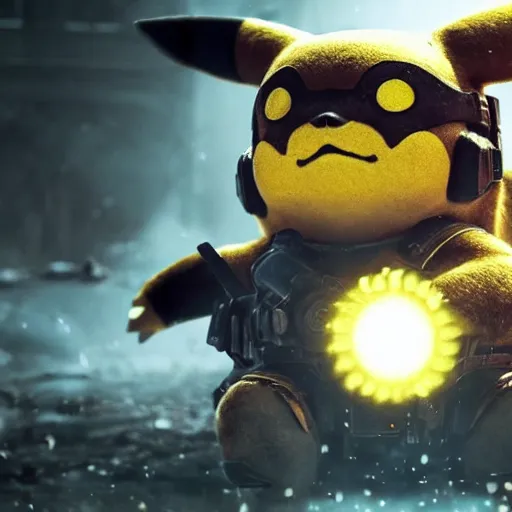 Image similar to pikachu! in Gears of War, splash art, movie still, cinematic lighting, dramatic, octane render, long lens, shallow depth of field, bokeh, anamorphic lens flare, 8k, hyper detailed, 35mm film grain