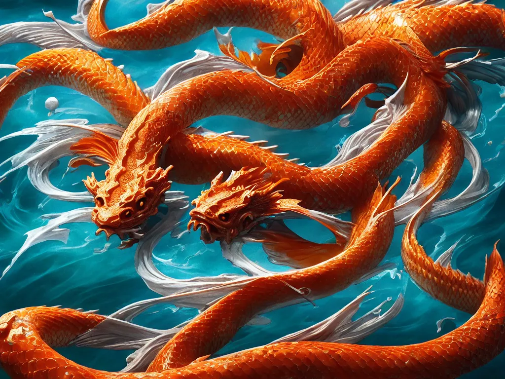 Image similar to intertwined koi dragon fish, water torrent background, jesper ejsing, james jean, justin gerard, tomasz alen kopera, cgsociety, fenghua zhong, makoto shinkai, octane render, highly detailed, rim light, cinematic lighting, hyper realism, high detail, intricate, 4 k, masterpiece