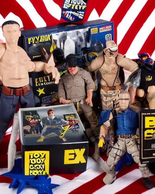 Image similar to box of the toy of proud boys as an action figure, hyper real, advertising photography, 8k