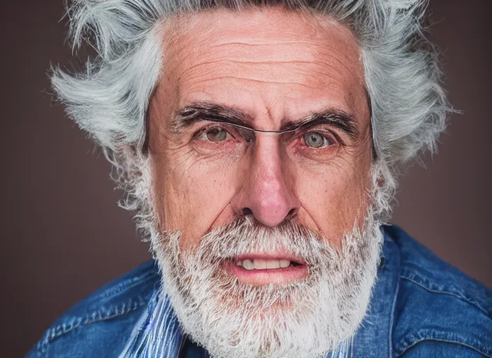 Image similar to portrait photo still of real life rick sanchez, 8 k, 8 5 mm, f. 1 4