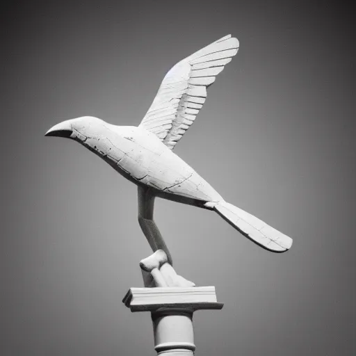 Prompt: a black and white highly detailed and realistic statue of a flying crow, museum lighting, award winning, masterpiece