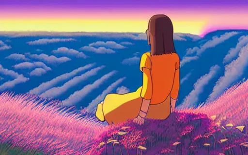 Prompt: a girl sitting in a field on a cliff watching a purple sunset, wide shot, art by hayao miyazaki, studio ghibli film, hi res
