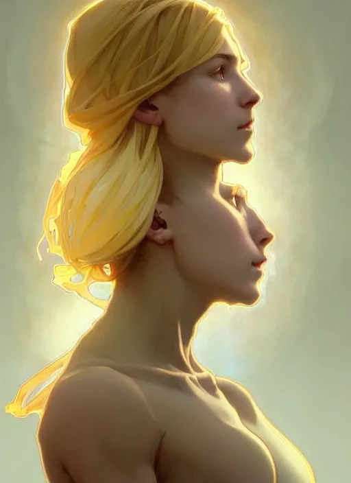 Image similar to digital character concept art by artgerm and greg rutkowski and alphonse mucha. clear portrait of a shy modern wife blessed by god to grow immaculately fertile and perfect!! blonde, in clothes! holy body! light effect. hyper detailed, glowing lights!! intricate, elegant, digital painting, artstation, smooth, sharp focus