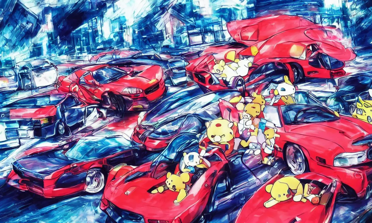 Image similar to blurry photograph of 9 0 s need for speed street racer car in the style of a neon genesis evangelion eva - 0 2, convertible car being driven cuddling a togepi rilakkuma