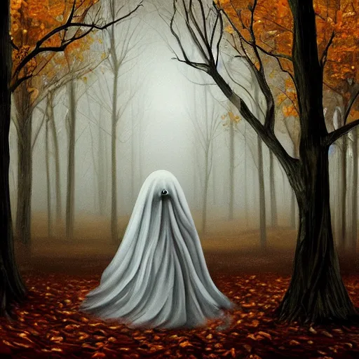 Image similar to ominous bedsheet ghost floating in a dark autumn forest, oil painting, brush strokes, gloomy foggy atmosphere, symmetrical, full body image, highly ornate intricate details,