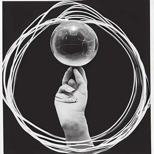 Image similar to Marcel Duchamp holding a light-producing sphere with cables attached, 35mm film, icon by Irving Penn