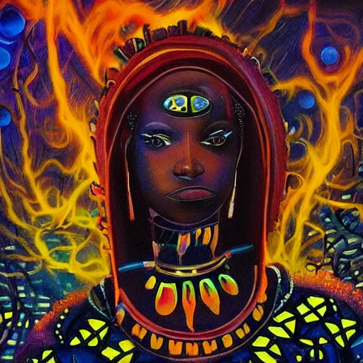 Image similar to afrofuturistic techno - mage uploading ancestral knowledge to the uni - mind interface, dark fantasy, occult, high - quality surrealist painting
