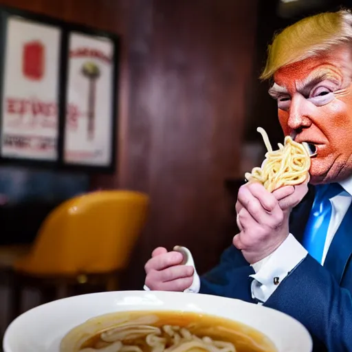 Prompt: Donald Trump eating ramen noodles in a restaurant