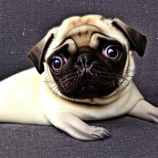 Image similar to A baby seal mixed with a pug, hybrid,