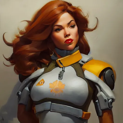 Image similar to greg manchess portrait painting of april o'neil as overwatch character, medium shot, asymmetrical, profile picture, organic painting, sunny day, matte painting, bold shapes, hard edges, street art, trending on artstation, by huang guangjian and gil elvgren and sachin teng