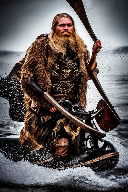 Image similar to old vintage full body photo of ancient viking warrior with full beard on the complex complex steam punk jet ski with antigravity engine during big viking event, extreme sports photography ,super high speed photography, dynamic photography,symmetrical face, clean face, muscular body, high speed,dirt and grawel in air, lens flares, dust partiles in the air, dramatic lighting, intricate, highly detailed, centered, smooth, sharp focus, sports photography, old photo, black and white, sepia, cinematic lighting, cinematic angle, national geographic