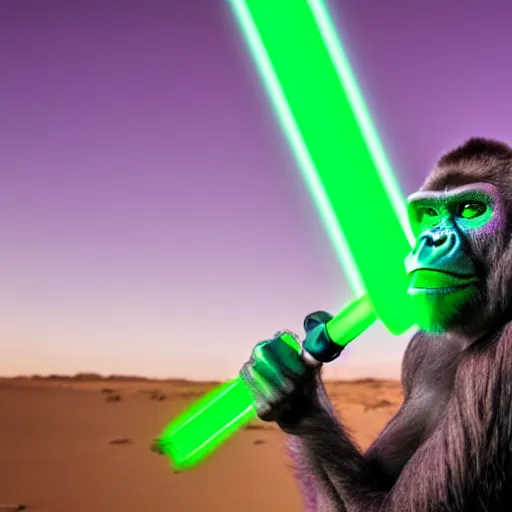 Image similar to photo of a purple gorilla using a green light saber in the desert