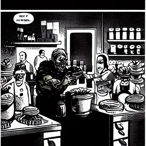 Prompt: zombie working in a bakery by robert kirkman