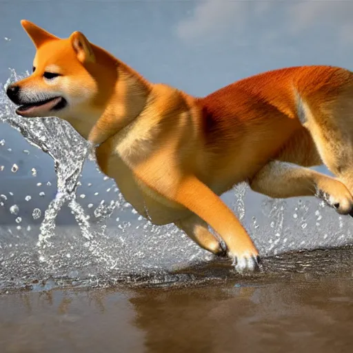 Prompt: shiba inu splashing in a puddle, realism, highly detailed, back lit, god rays, bloom, 4k