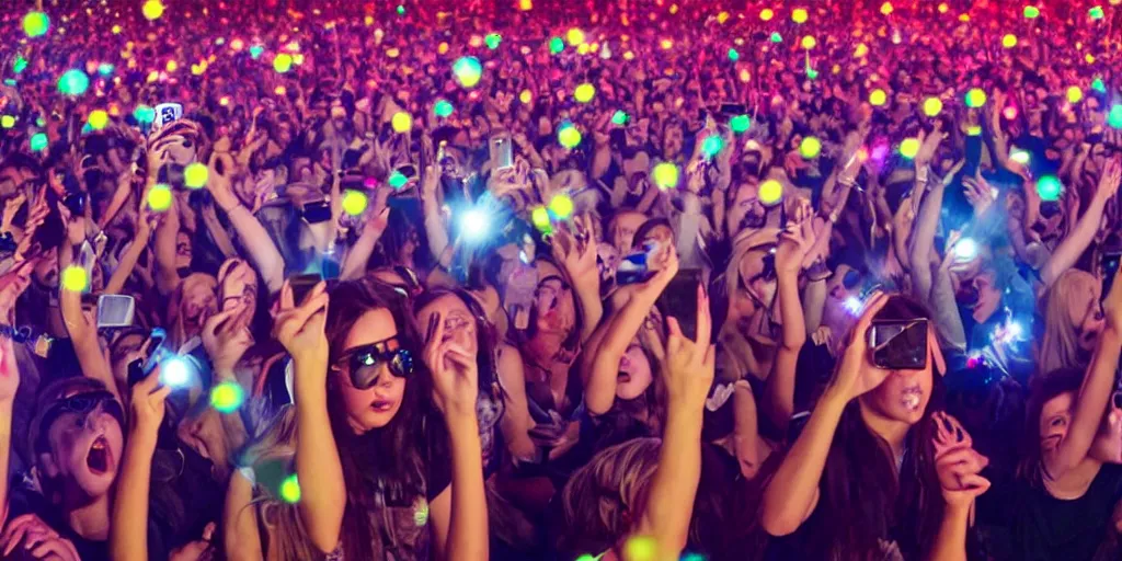 Prompt: a girl on her phone in the middle of the crowd at a huge concert with lazers and visuals