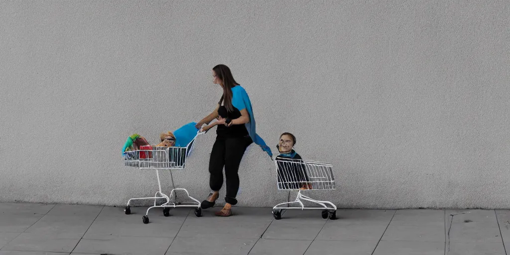 Image similar to homeless mother pushing a shopping cart with a child riding in it, in front of a blank wall, hyperrealistic