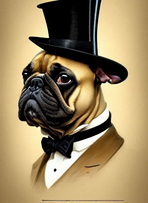 Prompt: portrait of a french bulldog as a gentleman, top hat, intricate, headshot, highly detailed, digital painting, artstation, concept art, sharp focus, cinematic lighting, illustration, art by artgerm and greg rutkowski, alphonse mucha, cgsociety