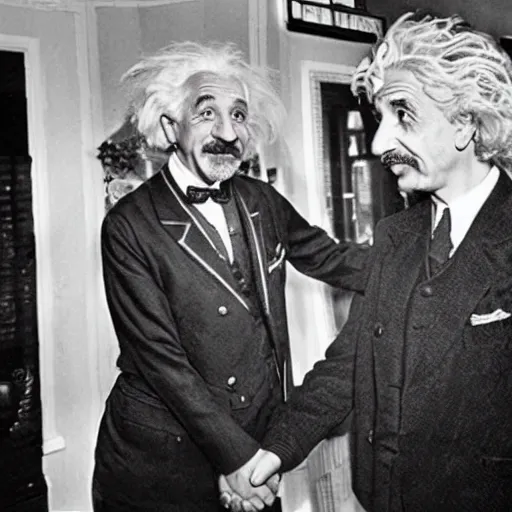 Prompt: Albert Einstein shaking hands with xqc