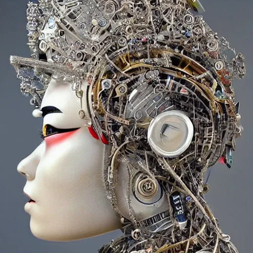 Image similar to close - up side view portrait of cyborg ( ( ( ( ( ( ( geisha ) ) ) ) ) ) ), robotic, machina, super intricate ornaments artwork.