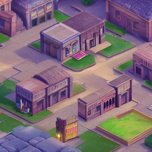 Prompt: Isometric game, 4k, dramatic lighting, ghibli style, unreal engine, town square