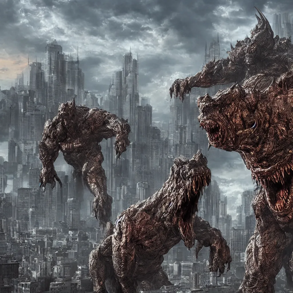 Image similar to a large, hideous monster looming over a city, scary, photorealistic