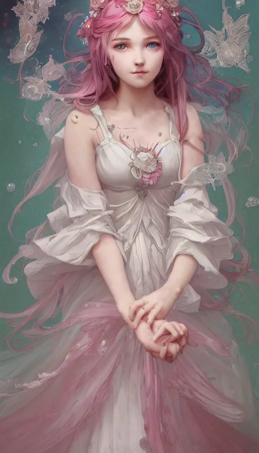 Prompt: portrait of madoka magica, dreamy and ethereal, expressive pose, big pink eyes, peaceful expression, ornate frilly dress, fantasy, intricate, elegant, many rainbow bubbles, rose tones, highly detailed, digital painting, artstation, concept art, smooth, sharp focus, illustration, art by artgerm and greg rutkowski and alphonse mucha