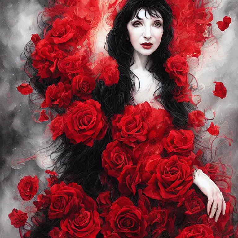 Image similar to portrait of kate bush, lush black hair, pale skin, red rose petals, flowing material, ruffled velvet background, intricate, beautiful cinematic lighting, stuning painting by artgerm and android jones